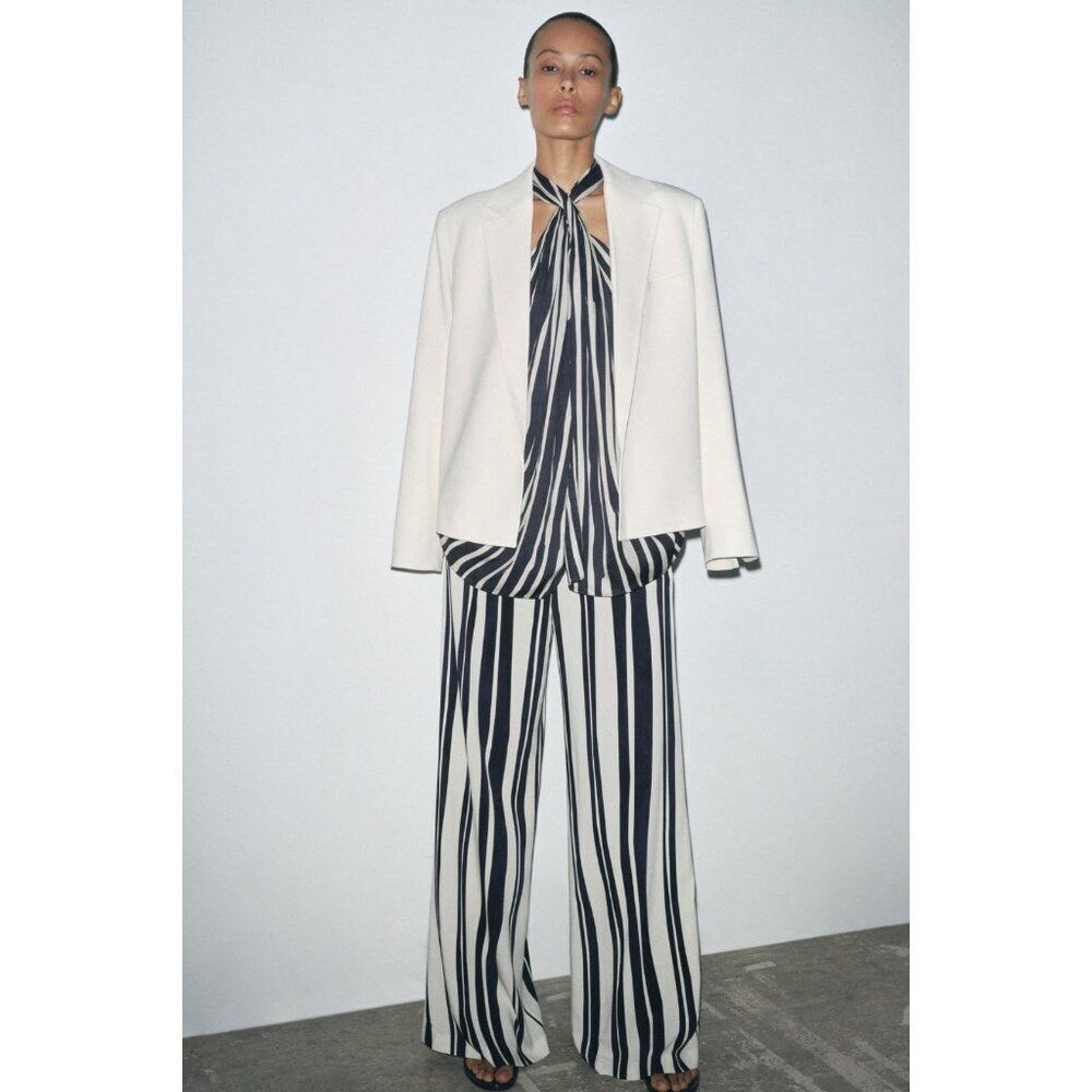 Zara Womens Blazer Small Ecru Topstitched Long Sleeve Notched Lapel 2818/781 NWT
